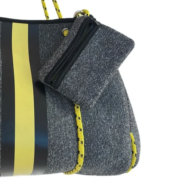 AH-DORNED ~ Large Gray Bag w/Yellow Racing Stripe Bungee Cord Style Handle - Picture 5 of 13